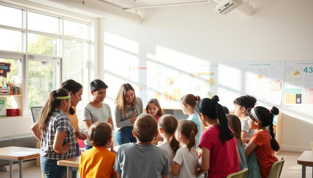 A bright, airy classroom setting with natural light streaming through large windows. In the foreground, a group of attentive students gathered around a teacher, engaged in a hands-on learning activity. The teacher is guiding them, encouraging exploration and discovery. In the middle ground, various educational materials and resources are displayed, sparking curiosity. The background features a visually stimulating wall display with colorful diagrams, charts, and interactive elements, reflecting the dynamic and engaging nature of the discovery learning approach. The overall atmosphere conveys a sense of excitement, collaboration, and the joy of learning through active exploration.