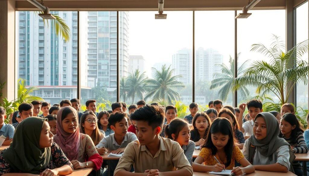A bustling Indonesian classroom set against a backdrop of modern high-rise buildings and lush tropical foliage. In the foreground, diverse students engaged in lively discussions, their faces alight with curiosity and determination. The middle ground showcases a mix of traditional and cutting-edge teaching tools, reflecting the challenges of modernizing the education system. Soft, natural lighting filters through large windows, casting a warm, contemplative glow over the scene. The overall atmosphere conveys a sense of progress and possibility, hinting at the transformative potential of Indonesia's educational landscape.