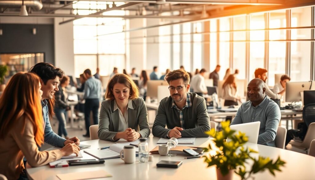 A bustling office environment, illuminated by warm, natural lighting filtering through large windows. In the foreground, a group of diverse professionals collaborating intently around a conference table, their expressions animated as they discuss strategies for human resource development. In the middle ground, employees move purposefully between workstations, engaged in a variety of tasks. The background showcases a modern, open-concept workspace filled with sleek furniture and state-of-the-art technology, reflecting a forward-thinking, innovative corporate culture. An atmosphere of productivity, cooperation, and professional growth permeates the scene.