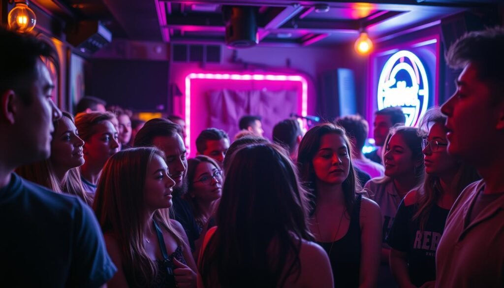 A close-knit community of passionate music enthusiasts gathered in a cozy, well-lit performance venue. In the foreground, a diverse group of fans intently listening, their expressions reflecting the emotional connection to the music. The middle ground showcases a band or solo artist on stage, their energy and talent captivating the audience. The background features a vibrant, neon-lit backdrop, adding a sense of excitement and energy to the scene. Soft, warm lighting creates a intimate, immersive atmosphere, highlighting the shared experience and camaraderie among the community of music lovers.