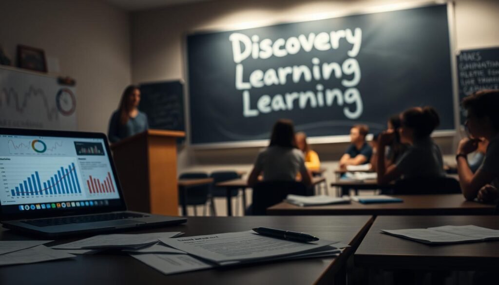 A dimly lit classroom setting, with a sense of contemplation and evaluation. In the foreground, a desk with scattered papers, a pen, and a laptop display showing graphs and data visualizations. Behind it, a teacher's podium stands, signifying the evaluation process. The middle ground features students seated at desks, engaged in discussion and note-taking, their expressions thoughtful. The background showcases a chalkboard or whiteboard, upon which the words "Discovery Learning" are written, complementing the overall theme. Soft, warm lighting casts a subtle glow, creating an atmosphere of introspection and academic rigor.