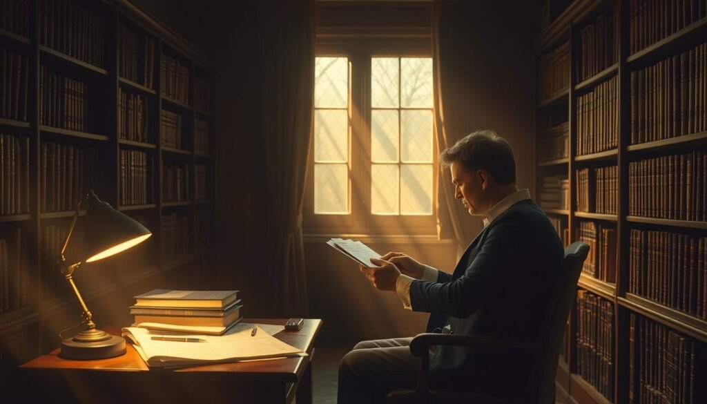 A dimly lit study, shelves of leather-bound books lining the walls, a desk illuminated by a single lamp, papers and sheet music scattered across the surface. Seated at the desk, a thoughtful figure intently analyzing lyrics, pen in hand, lost in contemplation. Shafts of golden light filter through the windows, casting a warm, pensive atmosphere. The room exudes a sense of scholarly focus and creative introspection, mirroring the process of lyrical analysis.