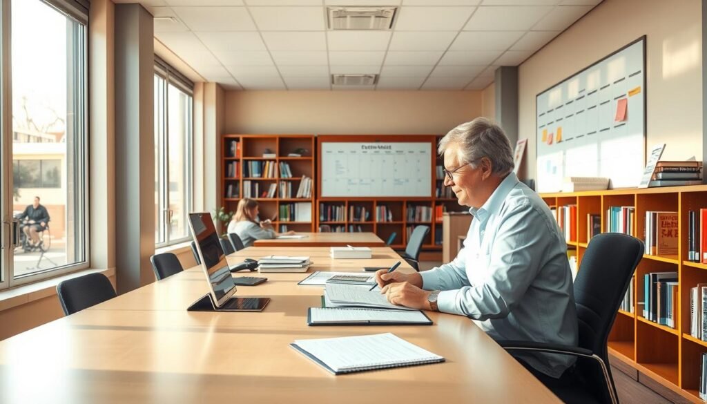 A modern school administration office, flooded with warm natural light from large windows. On the desk, a principal reviews student records and collaborates with teachers, guiding them towards effective classroom strategies. Bookshelves line the walls, housing educational resources. In the background, a whiteboard displays a schedule, signifying the school's dedication to organized management. The atmosphere is one of focused productivity, where leadership and teaching excellence converge to foster student success.