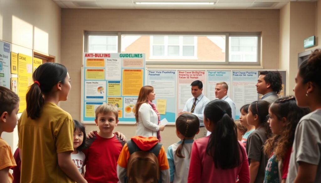 A school setting with a warm, positive atmosphere. In the foreground, a group of diverse students standing together, their body language suggesting unity and support. Behind them, a large bulletin board displays colorful posters and infographics outlining the school's anti-bullying policies and guidelines. The middle ground features teachers and administrators engaged in discussion, their expressions conveying a sense of collaborative effort. In the background, the school's facade is visible, its architecture exuding a welcoming, community-focused design. Soft, natural lighting filters through the windows, creating a comforting ambiance. The overall scene reflects a school environment that prioritizes student well-being and the effective implementation of anti-bullying measures.
