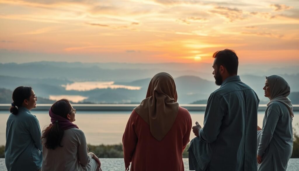 A serene, contemplative scene depicting the virtues of "Mujadalah bil Lati Hiya Ahsan". In the foreground, a group of diverse individuals engage in thoughtful discourse, their expressions conveying mutual understanding and respect. The middle ground features a tranquil, minimalist setting - clean lines, natural materials, and soft lighting evoke a sense of balance and wisdom. In the background, a breathtaking landscape unfolds, with rolling hills, a calming body of water, and a vibrant, sunset-tinged sky that symbolizes the enlightening potential of this constructive method of dialogue. The overall atmosphere radiates a spirit of intellectual curiosity, empathy, and the pursuit of the best possible outcome.