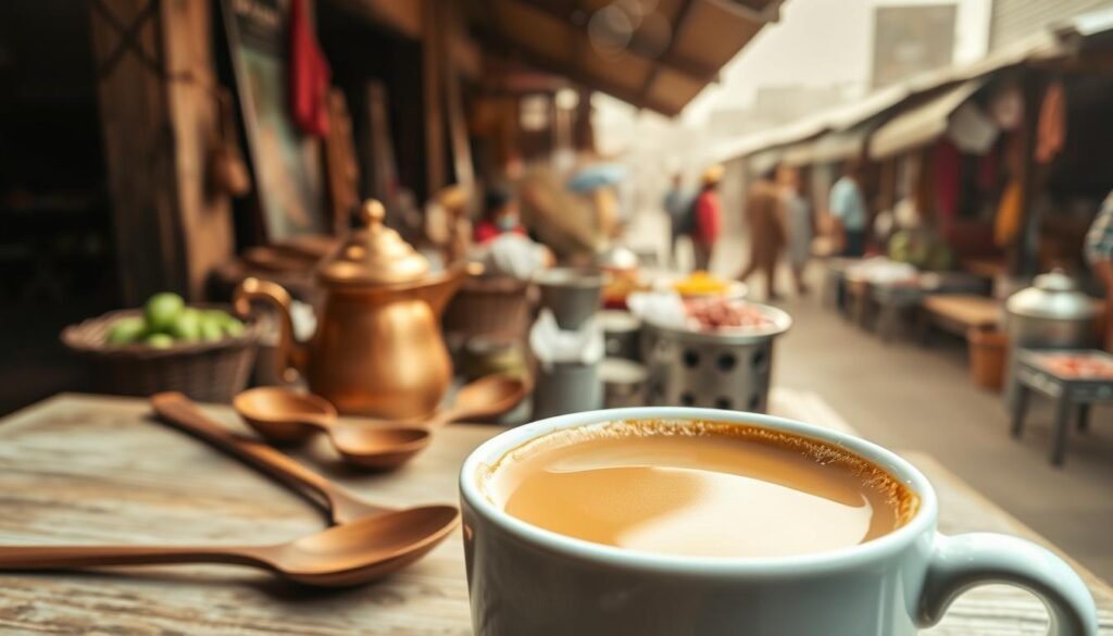A steaming cup of kopi susu gula aren set against a warm, rustic backdrop. In the foreground, the creamy, caramel-colored beverage is topped with a delicate layer of froth, inviting the viewer to savor its rich, comforting flavors. The middle ground features a traditional copper kettle and a selection of wooden spoons, conveying a sense of artisanal craftsmanship. In the background, a hazy, sepia-toned image of a bustling Indonesian street market, with vendors selling fresh produce and the aroma of spices filling the air. The overall scene evokes a sense of nostalgia and cultural authenticity, perfectly capturing the essence of this beloved local coffee.