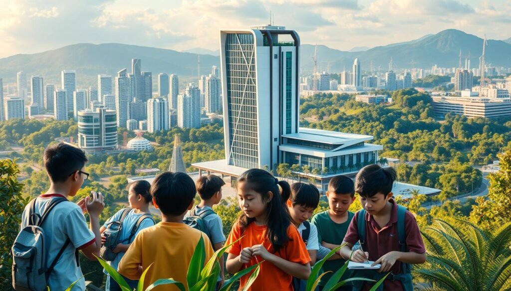 A vibrant and futuristic landscape depicting the new educational policies of Indonesia in 2025. In the foreground, a group of diverse students engaged in hands-on, collaborative learning activities, utilizing cutting-edge technologies like virtual reality and 3D printing. In the middle ground, a towering, modern school building with sleek architectural design and integrated renewable energy systems. The background showcases a skyline of gleaming skyscrapers and a lush, green urban environment, symbolizing the country's commitment to sustainable development. The scene is bathed in warm, natural lighting, conveying a sense of optimism and progress for Indonesia's educational future.