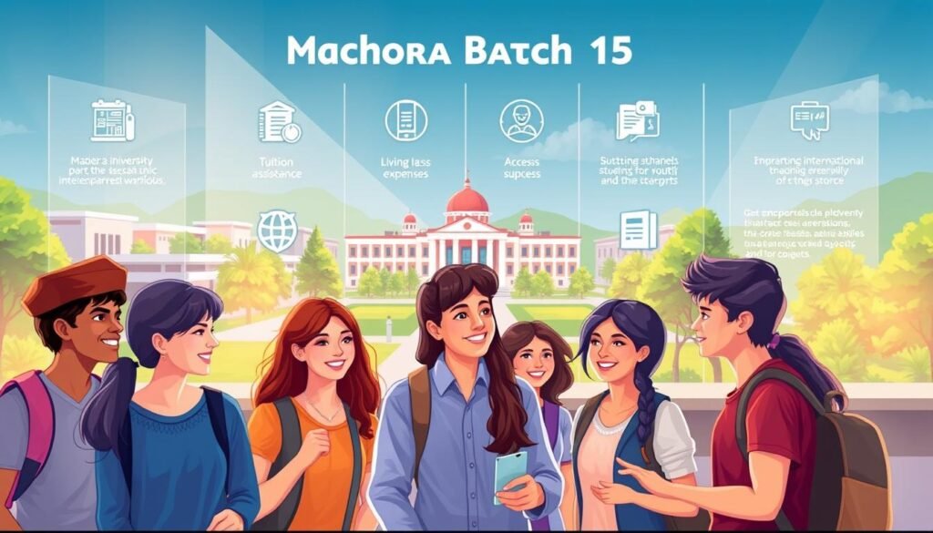 A vibrant illustration showcasing the core features of the Mahaghora Batch 15 scholarship program. In the foreground, a group of diverse students engage in lively discussions, their faces alight with enthusiasm. The middle ground features a series of educational icons and infographics, conveying the comprehensive nature of the program's support, including tuition assistance, living expenses, and access to training workshops. In the background, a serene university campus landscape sets the stage, with modern architecture and lush greenery creating an atmosphere of intellectual growth and opportunity. The lighting is soft and warm, evoking a sense of inspiration and possibility. This image aims to capture the essence of the Mahaghora Batch 15 scholarship, showcasing its commitment to empowering students and fostering their academic and personal development.