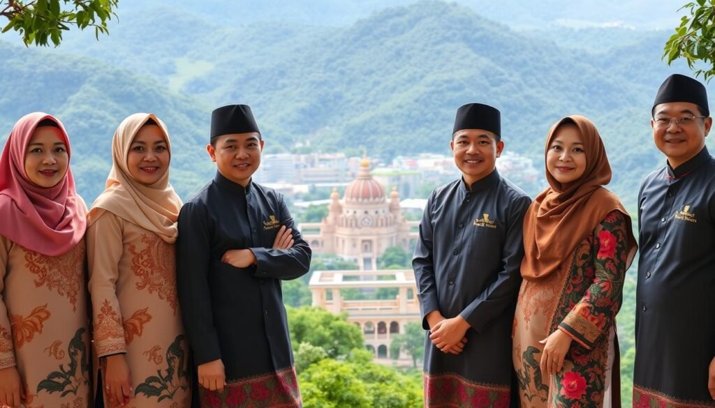 A vibrant scene of Riau's tourism ambassadors, known as "Duta Pariwisata Riau", standing proudly against a backdrop of lush, verdant landscapes. The group, dressed in traditional Malay attire, exudes a sense of cultural pride and connection to the region's rich heritage. Soft, natural lighting illuminates their faces, creating a warm and inviting atmosphere. In the middle ground, a blend of modern and historical architectural elements seamlessly coexist, symbolizing the harmonious integration of the past and present. The background features a panoramic view of Riau's iconic landmarks, showcasing the province's diverse natural beauty and tourism potential. This image perfectly captures the essence of Riau's local culture and its ability to captivate audiences, aligning with the article's focus on the impact of viral cultural content and its social contributions.