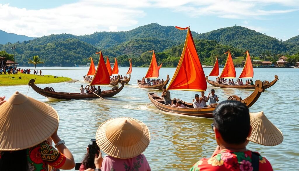 A vibrant scene of the traditional Pacu Jalur boat race in Kuantan Singingi, Indonesia. In the foreground, sleek, wooden boats with intricate carvings glide across a tranquil river, their colorful sails billowing in the gentle breeze. Spectators line the riverbanks, capturing the moment with their cameras, their expressions filled with excitement and pride. In the middle ground, traditional straw hats and vibrant, patterned sarongs add to the cultural authenticity of the event. The background is framed by lush, verdant hills and a clear, azure sky, creating a picturesque setting for this longstanding local tradition. The scene is bathed in warm, golden sunlight, conveying a sense of celebration and cultural celebration.