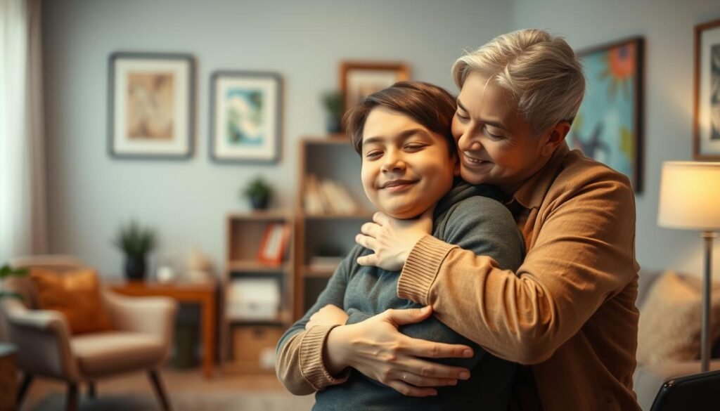 A warm, compassionate scene of a counselor providing psychological support to a bullying victim. In the foreground, the counselor gently embraces the student, their expression one of empathy and care. The student's body language conveys a sense of relief and safety. In the middle ground, the counseling office is adorned with comforting decor - soft lighting, plush furnishings, and calming artwork. The background blurs softly, focusing the viewer's attention on the intimate, supportive moment. The overall mood is one of understanding, reassurance, and the healing power of human connection.