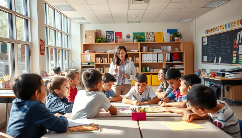 A well-lit classroom with large windows, showcasing a vibrant and organized learning environment. In the foreground, a group of students engaged in collaborative work, their faces alight with enthusiasm. At the center, a teacher standing amidst the students, guiding them with a calm and approachable demeanor. The middle ground is filled with colorful educational materials, from wall charts to interactive displays, creating a stimulating and engaging atmosphere. The background features a neatly arranged desk, a bookshelf brimming with resources, and a chalkboard or whiteboard, suggesting a space conducive to intellectual discovery and growth. The overall scene radiates a sense of productivity, respect, and a strong commitment to effective teaching and learning.