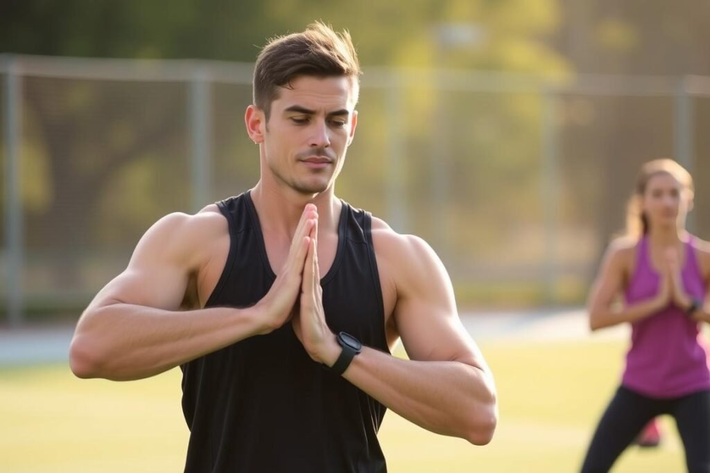 Atlet melakukan mindfulness dalam gerakan pemanasan Atlet melakukan mindfulness dalam gerakan pemanasan