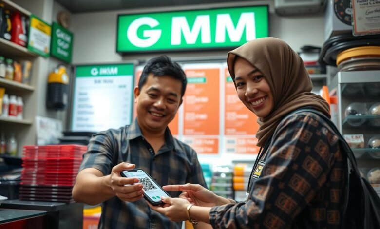 Pelaku UMKM Indonesia menggunakan sistem pembayaran digital QRIS di warung kecil