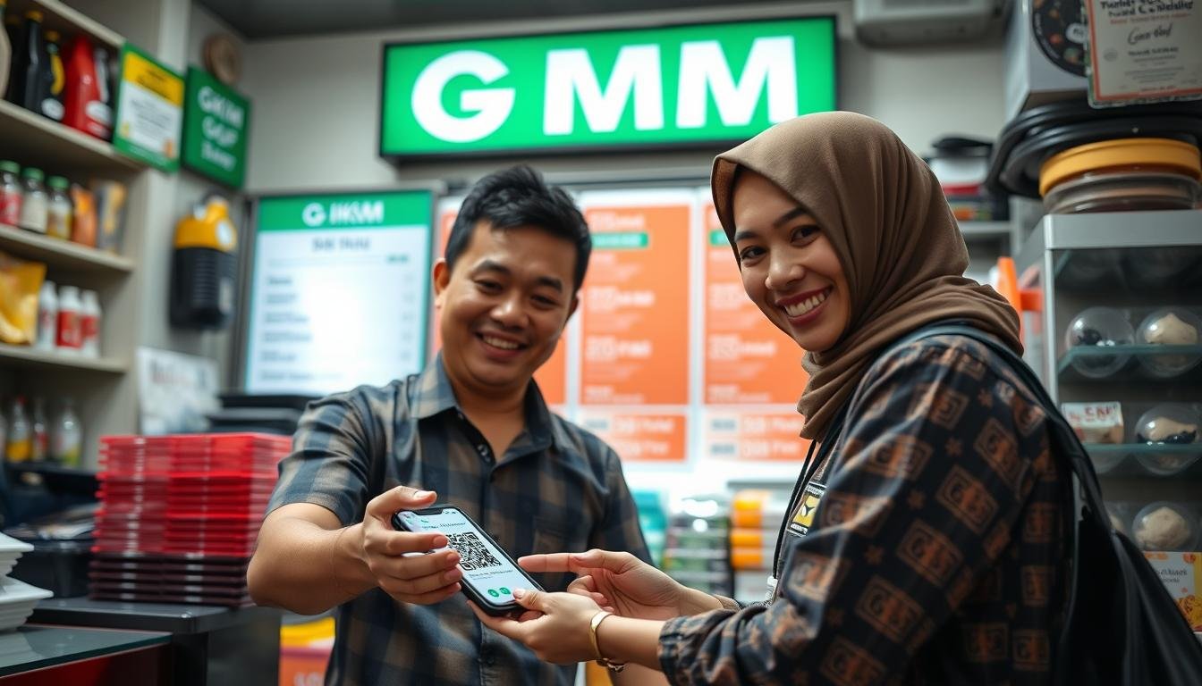Pelaku UMKM Indonesia menggunakan sistem pembayaran digital QRIS di warung kecil