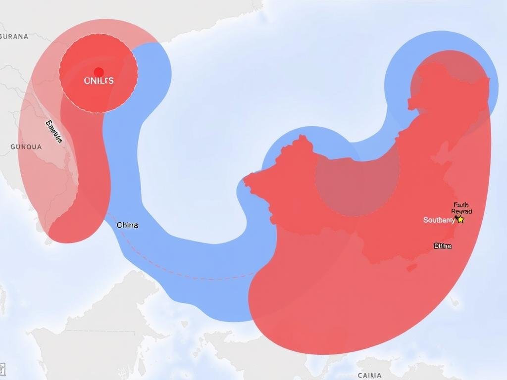 Perbandingan visual antara klaim China dan batas ZEE berdasarkan UNCLOS