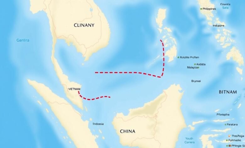 Peta Laut China Selatan dengan garis sembilan titik yang diklaim oleh China