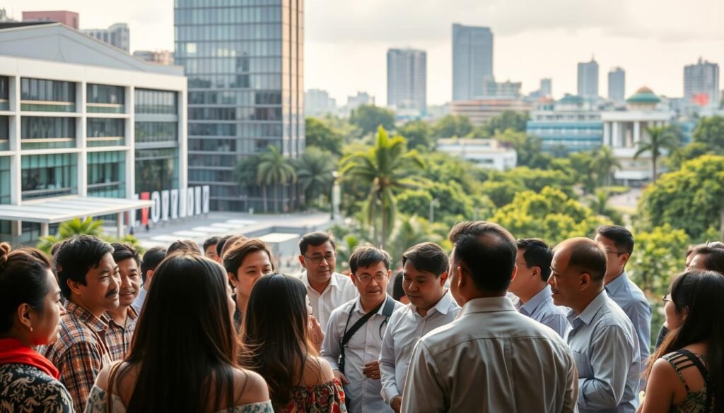 a vibrant and inclusive discussion forum set against the backdrop of a bustling Indonesian cityscape, with modern architecture and lush greenery. In the foreground, a diverse group of people are engaged in thoughtful conversation, their body language and facial expressions conveying a sense of mutual respect and openness. The lighting is warm and natural, casting a gentle glow on the scene. The overall atmosphere is one of productive dialogue, where different perspectives are welcomed and exchanged. The image should capture the essence of Indonesia's commitment to fostering effective and meaningful discussions that bring people together.