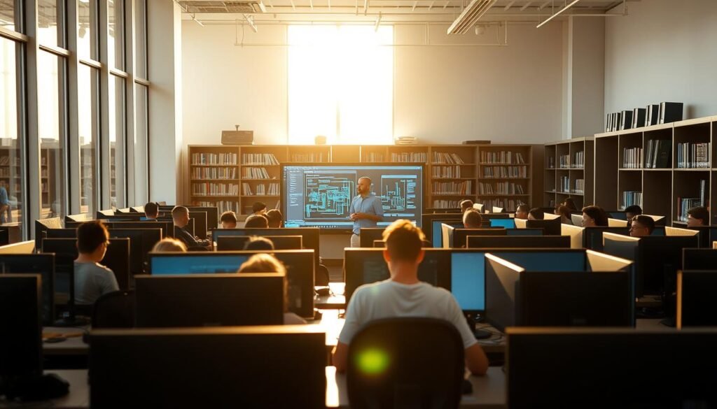 A bright, modern computer lab filled with rows of sleek, high-end workstations. Sunlight streams in through large windows, casting a warm glow over the space. In the foreground, a group of students intently study the screens before them, engaged in various programming and system design tasks. The middle ground features an instructor demonstrating a complex software interface on a large interactive display, guiding the class through the intricacies of system architecture. In the background, shelves lined with technical manuals and reference materials suggest a space dedicated to the pursuit of cutting-edge computer science knowledge. The overall atmosphere conveys a sense of innovation, collaboration, and the promise of a future powered by advanced information systems.
