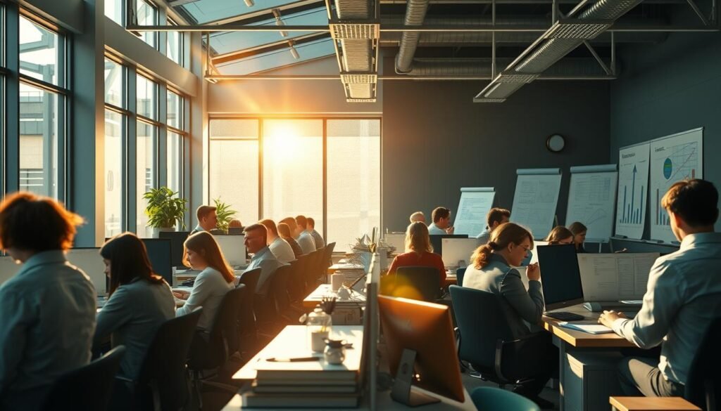 A busy office environment, with professionals in business attire working diligently at their desks. Sunlight streams through large windows, casting a warm glow on the scene. A mix of modern and traditional furnishings creates a harmonious workspace. In the background, a whiteboard displays charts and diagrams, reflecting the analytical nature of the jobs. The atmosphere is one of focused productivity, with a sense of purpose and collaboration. Crisp, high-resolution details capture the essence of the corporate world, ready to illustrate the transition from campus to career.