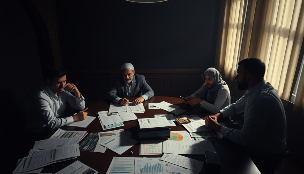 A dimly lit boardroom, where shadows cast a pensive hue across the faces of the stakeholders. On the table, a scattered array of financial reports and market analysis, conveying the complexities of running a sharia-compliant business. The mood is one of contemplation, as the team navigates the challenges of balancing spiritual and economic imperatives. The lighting is soft, creating a sense of introspection, with a single beam highlighting the furrowed brows and thoughtful expressions. The camera angle is slightly elevated, giving a bird's-eye view of the proceedings, emphasizing the weight of the decisions at hand. The overall atmosphere is one of determination and resilience, as the group grapples with the unique obstacles faced by sharia-based enterprises. A dimly lit boardroom, where shadows cast a pensive hue across the faces of the stakeholders. On the table, a scattered array of financial reports and market analysis, conveying the complexities of running a sharia-compliant business. The mood is one of contemplation, as the team navigates the challenges of balancing spiritual and economic imperatives. The lighting is soft, creating a sense of introspection, with a single beam highlighting the furrowed brows and thoughtful expressions. The camera angle is slightly elevated, giving a bird's-eye view of the proceedings, emphasizing the weight of the decisions at hand. The overall atmosphere is one of determination and resilience, as the group grapples with the unique obstacles faced by sharia-based enterprises.