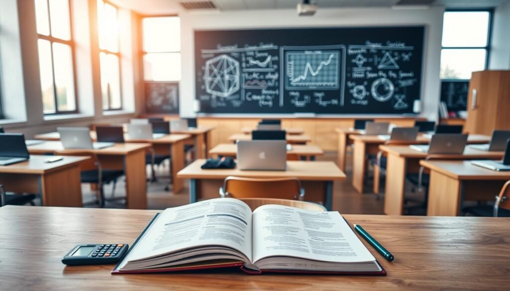 A meticulously organized college classroom, bathed in warm, natural lighting from large windows. In the foreground, a wooden desk with an open textbook, calculator, and neatly arranged stationery, conveying a sense of diligent academic study. The middle ground features rows of desks, each with a laptop or notebook, suggesting the core curriculum and specialized coursework being taught. In the background, a blackboard or whiteboard displays mathematical equations, financial diagrams, and other relevant subject matter, reinforcing the focus on finance and accounting. The overall atmosphere is one of focused, thoughtful learning, with a touch of modern, professional sophistication.