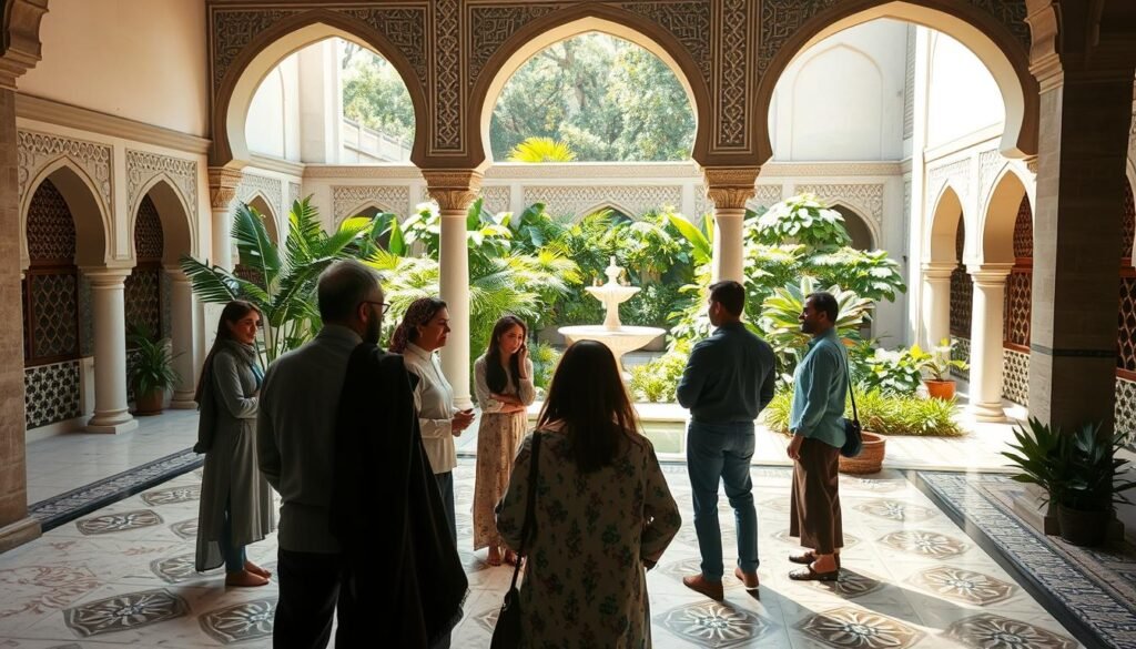 A serene Islamic-inspired courtyard, with intricate geometric patterns on the walls and floors. In the foreground, a group of diverse individuals engage in thoughtful discussion, their expressions conveying a sense of community and shared purpose. Sunlight filters through the open archways, casting a warm, contemplative glow. In the background, a lush garden with flourishing greenery and a calming water feature creates a tranquil atmosphere, symbolizing the harmonious integration of business and spirituality. The scene evokes a sense of ethical, socially responsible practices guiding the Sharia-compliant enterprise. A serene Islamic-inspired courtyard, with intricate geometric patterns on the walls and floors. In the foreground, a group of diverse individuals engage in thoughtful discussion, their expressions conveying a sense of community and shared purpose. Sunlight filters through the open archways, casting a warm, contemplative glow. In the background, a lush garden with flourishing greenery and a calming water feature creates a tranquil atmosphere, symbolizing the harmonious integration of business and spirituality. The scene evokes a sense of ethical, socially responsible practices guiding the Sharia-compliant enterprise.