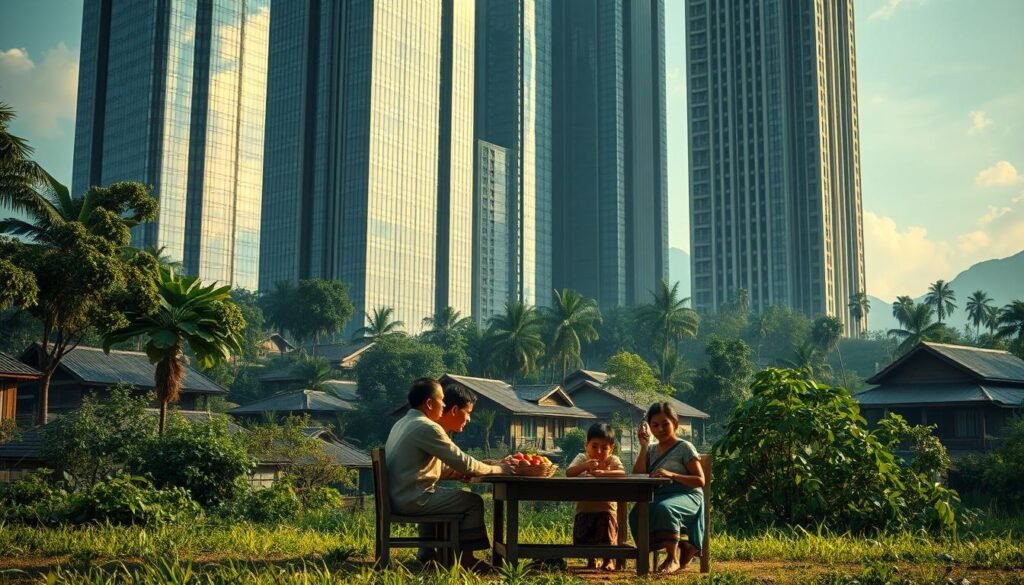 A serene village landscape, lush with verdant foliage, is disrupted by the encroaching presence of towering skyscrapers, their sleek glass facades reflecting the distorted image of the traditional homes below. In the foreground, a family gathers around a simple wooden table, their traditional attire and timeless expressions juxtaposed against the looming, impersonal structures that loom in the background. The warm, muted tones of the village give way to the cool, sterile hues of modernity, symbolizing the erosion of cultural identity in the face of westernization. Soft, diffused lighting casts long shadows, evoking a sense of unease and the struggle to maintain a connection to the past. The scene conveys the bittersweet impact of westernization, where progress and tradition collide, leaving the viewer to ponder the delicate balance between change and preservation.