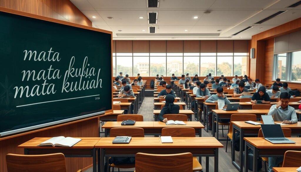 A university lecture hall filled with desk-chair sets, textbooks, and laptops. In the foreground, a chalkboard or whiteboard prominently displays the subject "mata kuliah" written in elegant script. The middle ground features students intently focused on their work, engaged in discussions and note-taking. The background is softly lit, with large windows overlooking a picturesque campus landscape. The overall atmosphere conveys a sense of academic rigor, intellectual curiosity, and the pursuit of knowledge. Rendered in a realistic, high-quality style with a subtle depth of field effect.