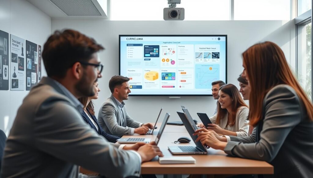 A modern, sleek classroom environment dedicated to Digital Media Technology education, featuring a large interactive digital whiteboard displaying dynamic curriculum elements. In the foreground, a diverse group of students (aged 20-25) in professional business attire discuss animatedly around laptops and tablets. The middle ground showcases colorful posters of digital media software and technology concepts on the walls. The background includes large windows allowing natural light to flood in, creating an uplifting atmosphere. Soft lighting casts gentle shadows, enhancing the collaborative mood. A focus on clean lines and modern design elements emphasizes innovation and creativity in education, inviting viewers to engage with the subject of a comprehensive curriculum in digital media technology.