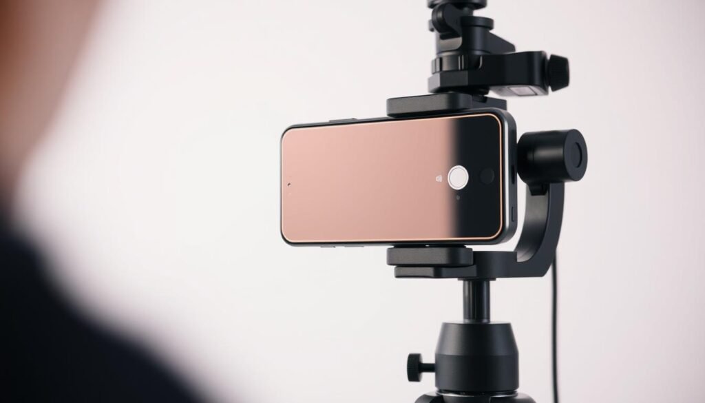 A professional photography setup featuring a Android smartphone securely mounted on a high-quality stabilizer tripod. The camera lens is in sharp focus, with a clean and minimalistic composition that fills the frame. Soft, directional lighting creates a subtle, even illumination that highlights the smartphone's sleek design. The background is a simple, uncluttered studio setting, allowing the camera setup to be the sole focal point. The overall mood is one of precision, control, and attention to detail - conveying the care and expertise required to capture smooth, steady video footage on an Android device.
