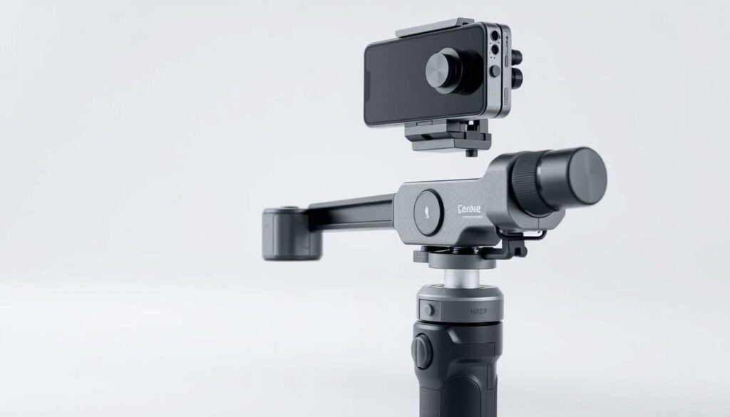A sleek and modern gimbal stabilizer, meticulously crafted with high-quality materials. Featuring a sturdy and adjustable frame, smooth motorized gimbals, and intuitive controls, all bathed in a cool, technical gray tone. The device is presented against a clean, minimalist background, emphasizing its elegant design and engineering prowess. Precise lighting highlights the intricate mechanisms and showcases the gimbal's ability to provide stable, cinematic video footage even during dynamic camera movements. This image will serve as a visually compelling representation of the tools that can help maintain smooth, shake-free video recordings on Android devices.