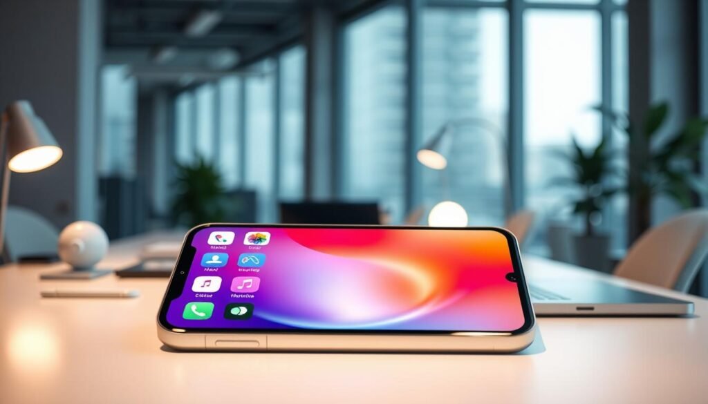 A sleek, futuristic foldable iPhone featuring iOS 27, prominently displayed in the foreground. The device is partially opened, showcasing its innovative dual-screen design with vibrant app icons visible on the screens. The iPhone should reflect a modern aesthetic, with a metallic finish and minimal bezels. In the middle ground, a stylish office workspace decorates the scene, including a clean desk with subtle tech gadgets and a glowing desk lamp. The background features a softly blurred contemporary office environment, incorporating large windows with natural light streaming in. The overall mood is professional and cutting-edge, exemplifying the future of mobile technology. The lighting is bright and airy, highlighting the iPhone's features and creating a positive, innovative atmosphere.