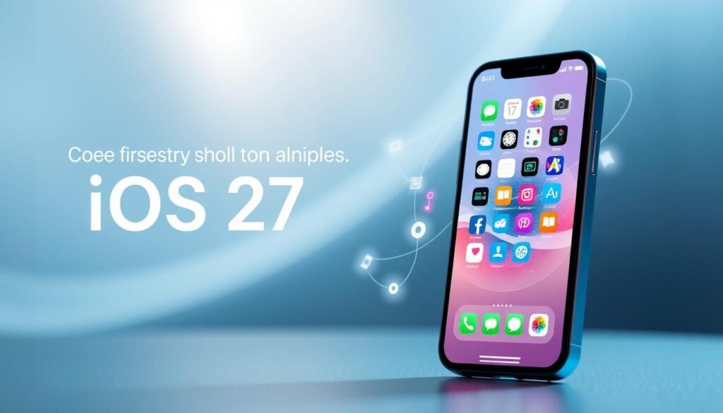 A sleek, futuristic interface showcasing the iOS 27 core application upgrades, prominently featuring a visual representation of new APIs. In the foreground, a modern smartphone displaying an innovative app screen with vibrant icons and a user-friendly layout. The middle layer includes abstract graphical elements symbolizing enhanced connectivity and seamless data transfer, with glowing lines and circuit patterns weaving around the phone. The background is a soft gradient of blues and whites, suggesting a digital world filled with possibilities. Soft, diffused lighting highlights the scene, creating an inviting atmosphere rich with potential. No people are present, allowing the focus to remain on the technology and its advancements.