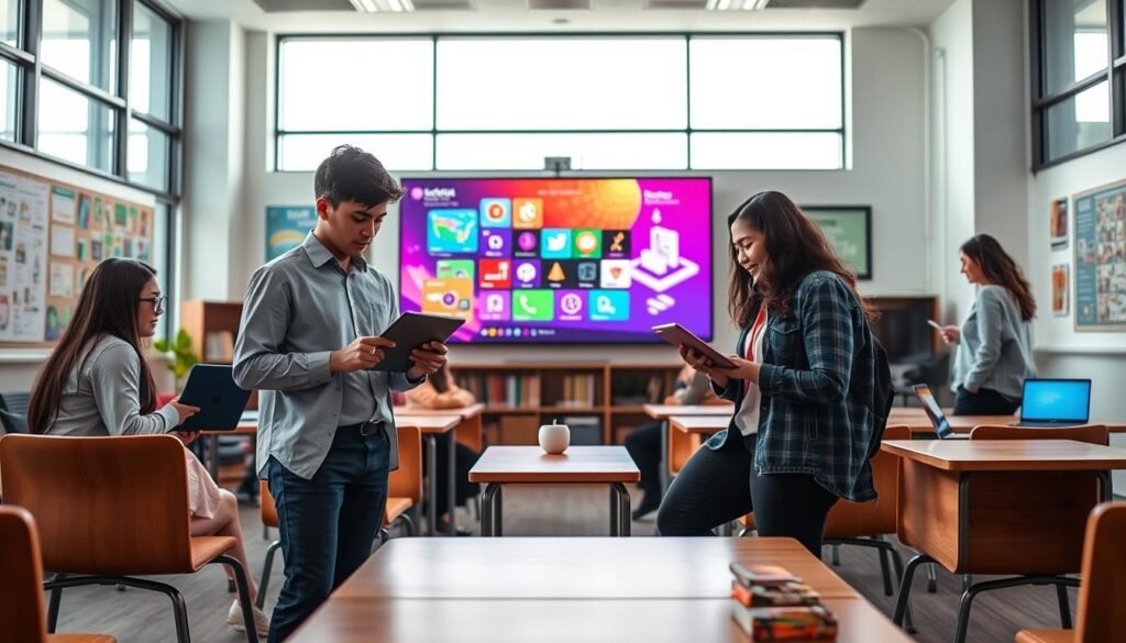 A vibrant digital classroom showcasing interactive learning experiences. In the foreground, a diverse group of three students, dressed in smart casual attire, are engaged with advanced tablets and laptops, collaborating on a project. In the middle ground, a large digital screen displays colorful educational content, illuminating the space. Surrounding the students, modern furniture and educational posters create an inviting atmosphere. The background features large windows with natural light streaming in, giving a sense of openness. The mood is dynamic and inspiring, emphasizing innovation and engagement in digital education. Soft shadows add depth to the scene, while a slight tilt angle enhances the perspective, creating a captivating visual representation of "Media Digital Pembelajaran Interaktif."