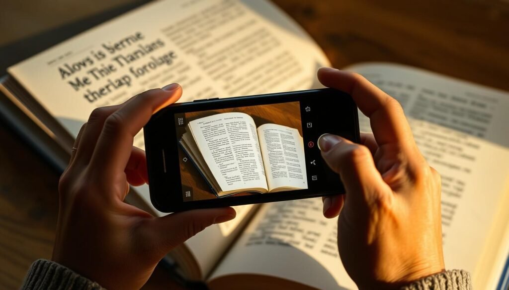 A well-lit, close-up shot of a person's hands holding a smartphone camera up to a printed page of a book. The page is open and the text is in focus, with the camera lens in the foreground, capturing the translation process. The lighting is soft and natural, creating a warm, inviting atmosphere. The background is slightly blurred, drawing the viewer's attention to the camera and the book page. The composition is balanced and visually interesting, with the hands and smartphone camera taking up a significant portion of the frame. A well-lit, close-up shot of a person's hands holding a smartphone camera up to a printed page of a book. The page is open and the text is in focus, with the camera lens in the foreground, capturing the translation process. The lighting is soft and natural, creating a warm, inviting atmosphere. The background is slightly blurred, drawing the viewer's attention to the camera and the book page. The composition is balanced and visually interesting, with the hands and smartphone camera taking up a significant portion of the frame.