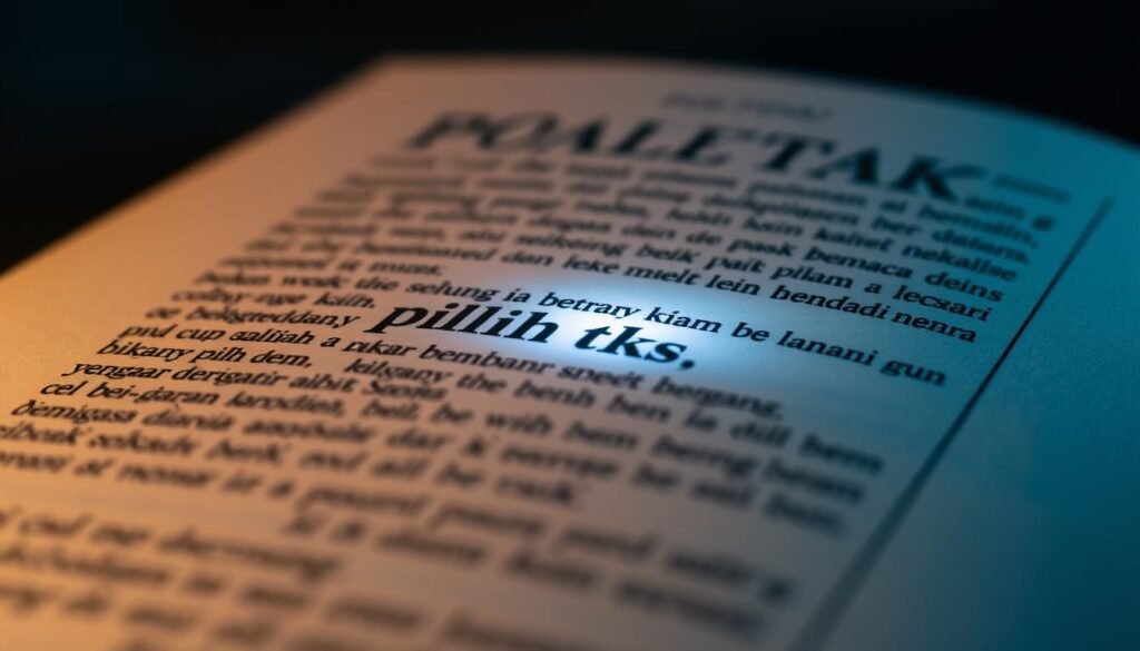 A well-lit, high-contrast close-up image of a page from a printed book, with a section of text gently highlighted by a subtle beam of illumination, drawing the viewer's attention to the specific words "pilih teks". The page appears to be slightly aged, with a warm, vintage aesthetic. The lighting is soft and diffused, creating a sense of focus and depth. The camera angle is slightly angled, giving a sense of perspective and drawing the eye towards the highlighted text. The overall mood is one of contemplation and focus, inviting the viewer to engage with the content. A well-lit, high-contrast close-up image of a page from a printed book, with a section of text gently highlighted by a subtle beam of illumination, drawing the viewer's attention to the specific words "pilih teks". The page appears to be slightly aged, with a warm, vintage aesthetic. The lighting is soft and diffused, creating a sense of focus and depth. The camera angle is slightly angled, giving a sense of perspective and drawing the eye towards the highlighted text. The overall mood is one of contemplation and focus, inviting the viewer to engage with the content.
