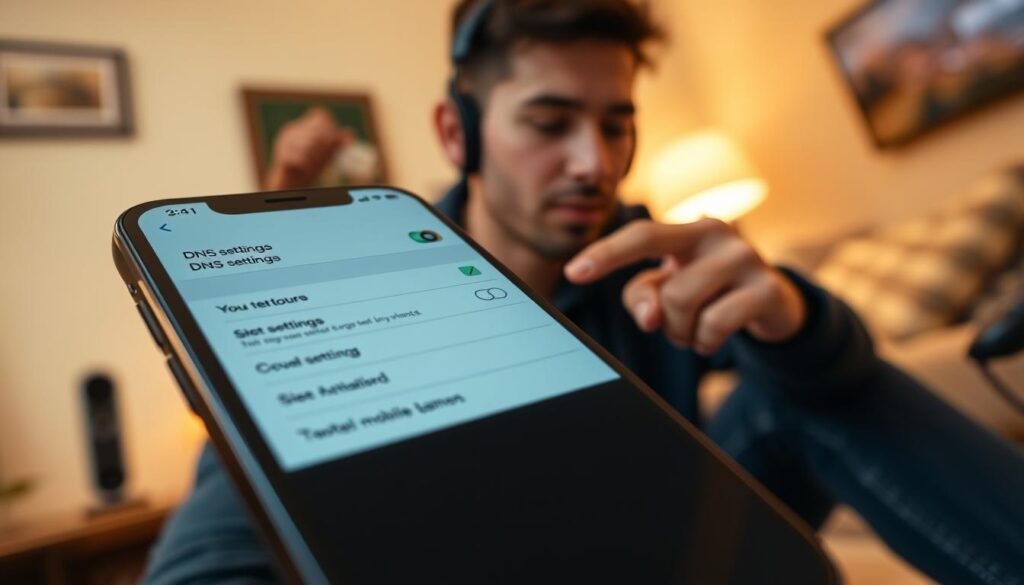 A close-up view of an iPhone displaying the DNS settings screen in the Settings app, with a visually appealing interface highlighting key options. The foreground features a well-lit phone screen, showcasing crisp text and buttons. In the middle ground, include a person in casual, modest attire focused on adjusting settings, with their finger poised over the screen. The background should be softly blurred, depicting a cozy indoor gaming environment, like a living room, with subtle gaming accessories like a console controller or headphones. Warm, inviting lighting creates a relaxed atmosphere, emphasizing the theme of enhancing mobile gaming experience. The angle should be slightly tilted downwards for a dynamic effect.