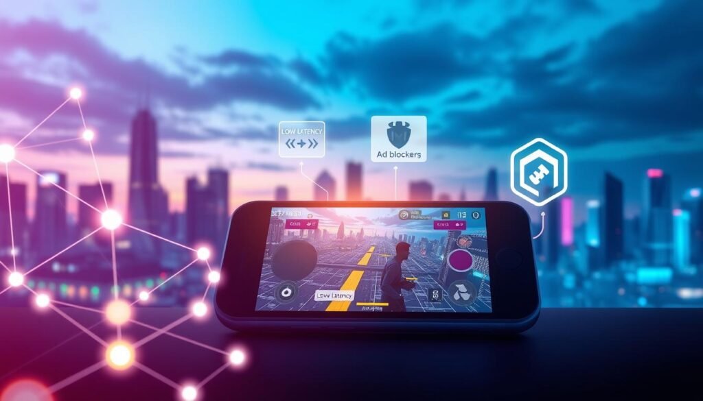 A conceptual illustration representing DNS for online gaming, focusing on mobile gaming performance. In the foreground, an abstract representation of DNS servers, depicted as glowing network nodes interconnected by lines of light, symbolizing data flow. In the middle ground, a digitized silhouette of a mobile gaming device displaying a popular game interface, with visual elements like low latency indicators and ad blockers illustrated around it. The background showcases a dynamic, futuristic city skyline at dusk, with a vibrant color palette of blues and purples to evoke a high-tech atmosphere. Soft, ambient lighting highlights the scene, creating a sense of excitement and engagement. The overall mood is energetic and informative, aimed at gamers seeking to optimize their online experience.