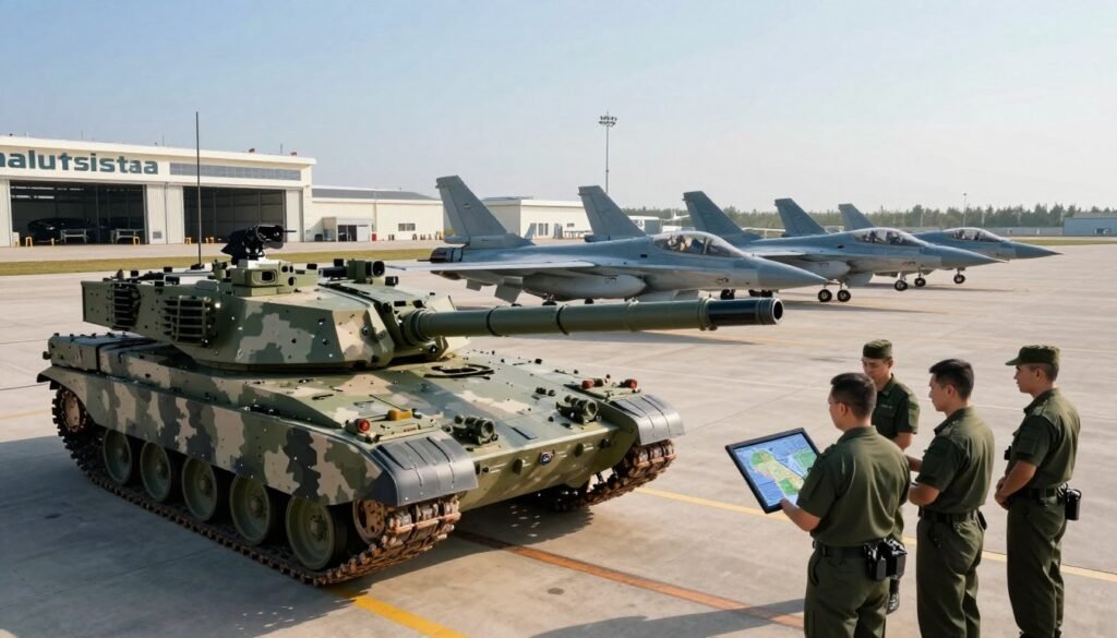 A cutting-edge military facility showcasing sophisticated "alutsista" or defense equipment in action. In the foreground, a sleek modern battle tank with advanced camouflage patterns is positioned prominently, gleaming under the afternoon sun. Nearby, a group of military personnel in professional uniforms are engaged in discussions, analyzing digital maps on a high-tech tablet. The middle ground features a line of advanced fighter jets on an airstrip, showcasing their aerodynamic designs with detailed markings. The background depicts a vast military base with maintenance hangars and antennas, set against a clear blue sky. The composition should create a sense of urgency and progress, capturing the importance of transparency in national defense budgets and showcasing modern military readiness. Use dynamic angles to emphasize the equipment’s scale and technological sophistication, with soft, natural lighting highlighting the scene.