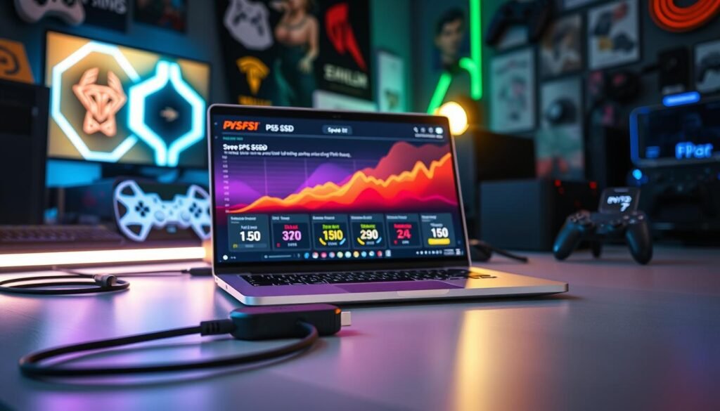 A detailed digital workspace showcasing a high-tech speed test of a PS5 SSD in real-time. In the foreground, a sleek laptop displays an engaging interface with vibrant graphs and numerical readouts representing SSD speed metrics. Surrounding it are modern accessories like a USB-C cable and an external SSD in a stylish design. The middle layer features soft, focused lighting that highlights the laptop's screen, creating a tech-savvy ambiance. In the background, blurred outlines of gaming consoles, LED lights, and gaming memorabilia enhance the atmosphere, suggesting a dedicated gaming environment. The composition should be shot from an angle that emphasizes the laptop's display while maintaining a clean, organized workspace aesthetic. The overall mood conveys excitement and professionalism in gaming technology innovation.