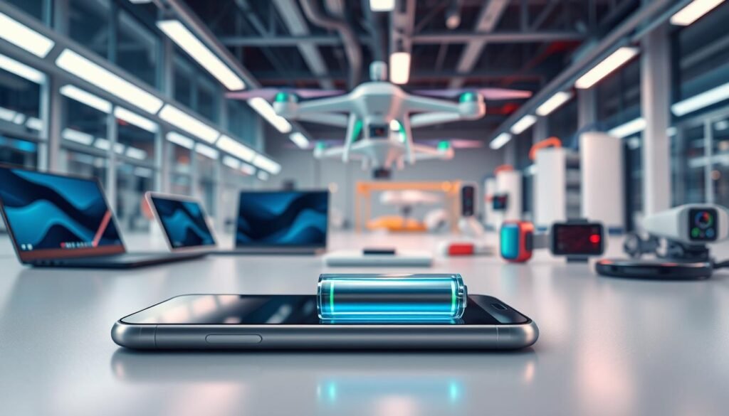 A futuristic scene highlighting the advantages of solid-state batteries in gadgets. In the foreground, a sleek, modern smartphone with a transparent casing reveals a compact solid-state battery glowing softly with blue and green lights, symbolizing efficiency and safety. In the middle ground, various high-tech devices like laptops, smartwatches, and drones are interconnected, showcasing the power and versatility of solid-state technology. The background features a high-tech laboratory environment with bright, crisp lighting that enhances the scene's innovative atmosphere. The composition is from a slightly elevated angle, focusing on the devices, creating a sense of depth and emphasizing the advanced technology. The overall mood is optimistic and forward-looking, illustrating a technological revolution. A futuristic scene highlighting the advantages of solid-state batteries in gadgets. In the foreground, a sleek, modern smartphone with a transparent casing reveals a compact solid-state battery glowing softly with blue and green lights, symbolizing efficiency and safety. In the middle ground, various high-tech devices like laptops, smartwatches, and drones are interconnected, showcasing the power and versatility of solid-state technology. The background features a high-tech laboratory environment with bright, crisp lighting that enhances the scene's innovative atmosphere. The composition is from a slightly elevated angle, focusing on the devices, creating a sense of depth and emphasizing the advanced technology. The overall mood is optimistic and forward-looking, illustrating a technological revolution.