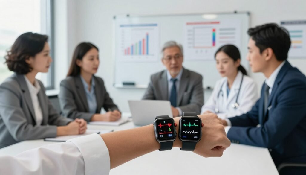 A professional setting depicting the technological challenges in stroke detection using smartwatches. In the foreground, a sleek smartwatch displaying health metrics, including heart rate and potential stroke risk indicators. The middle layer features a diverse group of healthcare professionals in smart business attire, discussing the watch’s accuracy and limitations in a well-lit, modern office space. In the background, a whiteboard filled with data and graphs representing stroke statistics and detection technology challenges. Soft, natural lighting creates a focused and serious atmosphere, with a shallow depth of field emphasizing the smartwatch and the engaged professionals. The overall mood conveys a sense of urgency and innovation in healthcare technology.