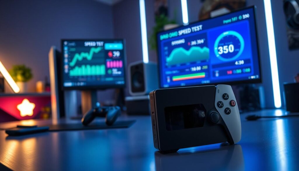 A sleek, modern gaming setup featuring a PS5 console and its SSD prominently displayed. In the foreground, a computer screen shows a vibrant speed test interface with dynamic graphs and speed metrics in real-time, illuminated with bright blue and green hues. In the middle-ground, the PS5 console gleams with reflections, surrounded by gaming-themed decor such as controllers and a headset. The background features a dimly lit room, enhancing the focus on the equipment, with subtle LED lighting creating a high-tech atmosphere. The scene conveys excitement and innovation, ideal for showcasing a benchmarking tool while maintaining a clean, professional aesthetic. Soft lighting casts gentle shadows, emphasizing the sleek design of the hardware.