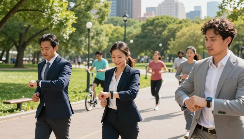 A vibrant scene depicting the positive impact of smartwatches on public health awareness. Foreground features a group of diverse individuals, dressed in professional business attire, engaging with their smartwatches while jogging in a city park. Middle ground showcases lush greenery, exercise stations, and people practicing healthy lifestyles, such as biking and doing yoga. Background includes an urban skyline under bright, sunny skies to evoke a sense of vitality. Soft, natural lighting enhances the scene, casting pleasant shadows that add depth. Use a slight upward angle to emphasize the participants' active engagement, creating a dynamic and inspiring atmosphere that highlights the importance of health monitoring and lifestyle choices.