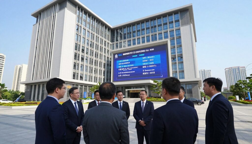 An impressive scene depicting the Ministry of Defense's building in an urban setting, showcasing modern architecture with sleek lines and bold designs. In the foreground, a diverse group of professional figures in business attire engage in discussions, symbolizing policy formulation. The middle ground features a large digital display highlighting key focus areas such as maritime security, cybersecurity, and budget proposals. The background includes a city skyline under a clear blue sky, conveying a sense of ambition and progress. Soft, natural lighting enhances the atmosphere, creating an optimistic yet serious mood, photographed from a slightly elevated angle to capture the dynamics of collaboration and governance.