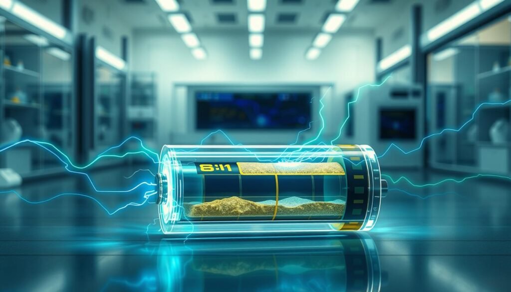 Create a detailed illustration of a solid-state battery in action, showcasing its inner workings. In the foreground, display an exploded view of the battery, highlighting the solid electrolyte layer between the anode and cathode, with transparent sections revealing the materials used, such as lithium or sodium. In the middle ground, depict electric currents flowing through the battery, represented by vibrant blue and green arcs to convey energy movement. The background should include a high-tech laboratory setting with soft, focused lighting that illuminates the battery, enhancing its features. Use a slightly angled perspective that draws the viewer's eye, capturing the complexity and innovation in the solid-state technology. Aim for a futuristic, informative, and professional atmosphere. Create a detailed illustration of a solid-state battery in action, showcasing its inner workings. In the foreground, display an exploded view of the battery, highlighting the solid electrolyte layer between the anode and cathode, with transparent sections revealing the materials used, such as lithium or sodium. In the middle ground, depict electric currents flowing through the battery, represented by vibrant blue and green arcs to convey energy movement. The background should include a high-tech laboratory setting with soft, focused lighting that illuminates the battery, enhancing its features. Use a slightly angled perspective that draws the viewer's eye, capturing the complexity and innovation in the solid-state technology. Aim for a futuristic, informative, and professional atmosphere.