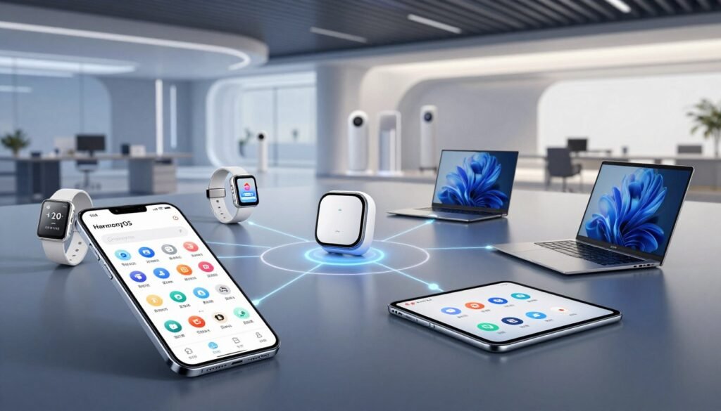 A detailed illustration of the core components of the Huawei HarmonyOS ecosystem, set in a sleek, modern tech environment. In the foreground, showcase a high-tech device, like a smartphone or tablet, displaying the HarmonyOS interface with various app icons symbolizing integration. In the middle ground, feature interconnected devices such as wearables, smart home devices, and laptops, connected through visual lines or glowing connections, highlighting their seamless functionality. The background should include a futuristic office space with soft, ambient lighting, emphasizing a professional atmosphere. Use a wide angle perspective to convey depth and bring focus to the interconnected components. The overall mood should be innovative and sophisticated, reflecting the advanced technology of Huawei.