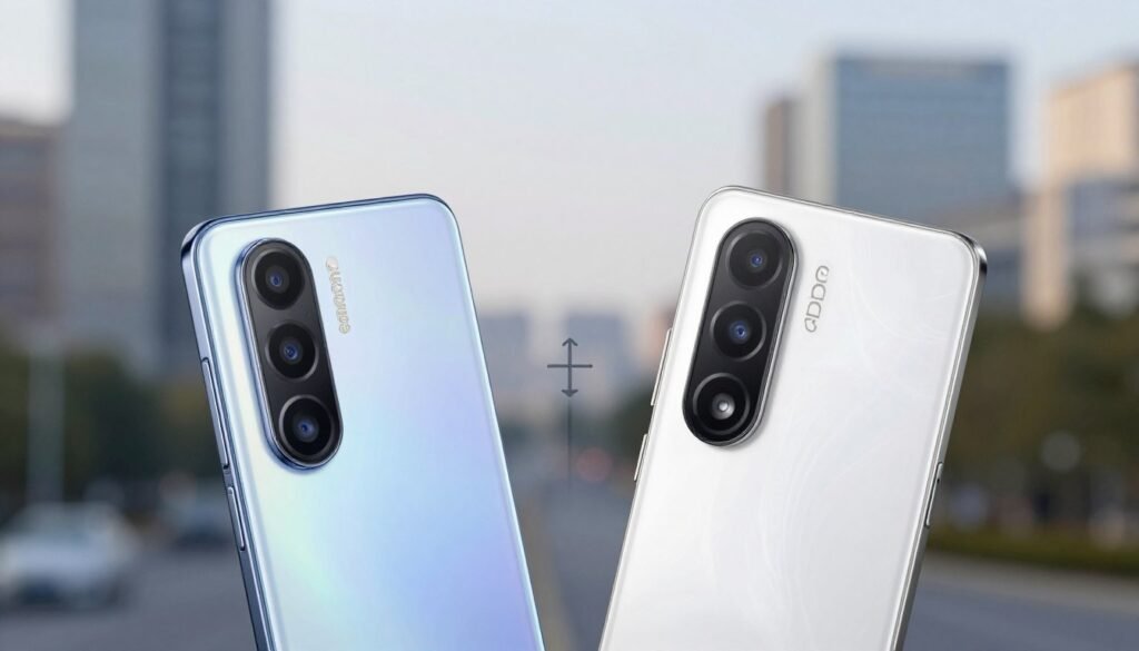 A professional and informative comparison image showcasing the camera systems of two smartphones, the Samsung A15 and OPPO A59. In the foreground, display the back panels of both smartphones side by side, highlighting their camera setups: a prominent 50MP triple-camera module for the Samsung A15 and a sleek 13MP dual-camera setup for the OPPO A59. In the middle ground, include subtle indicators or graphic elements representing image quality differences, such as clarity and depth. The background should be a blurred urban landscape that evokes a sense of modernity, with soft, diffused lighting to enhance the subject's focus. Capture the scene from a slightly elevated angle to provide a comprehensive view of both devices, conveying a sleek and professional mood.