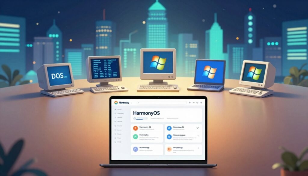 A visually engaging illustration of the evolution of operating systems, focusing on HarmonyOS. In the foreground, depict a modern device interface showing HarmonyOS features like seamless multitasking and smart integration. The middle layer should feature iconic historical computers and devices representing earlier operating systems, like DOS and Windows, seamlessly blending into modern technology. In the background, include a vibrant cityscape symbolizing innovation and connectivity, with soft blue and green lights to evoke a sense of technology and progress. The atmosphere should feel dynamic and forward-thinking, with a focus on illuminating aspects of integration and innovation. Use a wide-angle lens effect to enhance depth, with warm lighting creating an inviting yet futuristic ambiance.